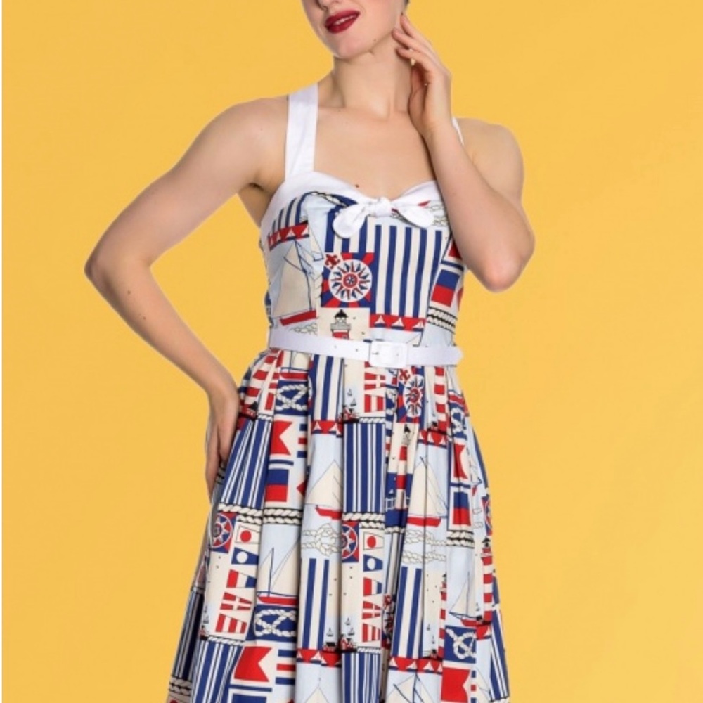 NWT Hell Bunny 50s Lighthouse Swing Dress in Nautical Red, Cream, & Blue - Sz M